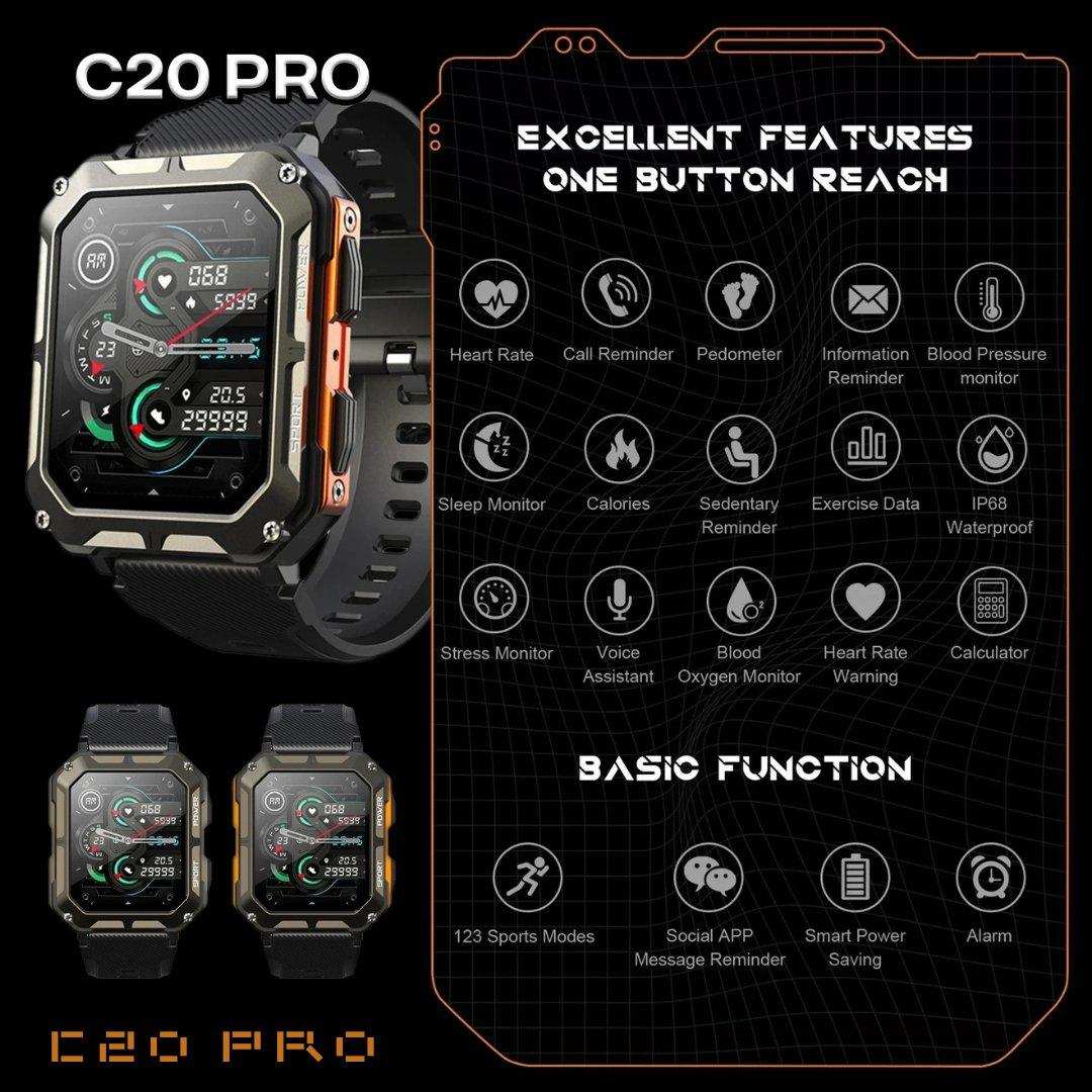 TUTT Smartwatch for Men Military Rugged | Speaker Pedometer IP68 Waterproof 1.83'' HD Tactical Smart Watch Fitness and Health Tracking Long Battery Life C20-Pro