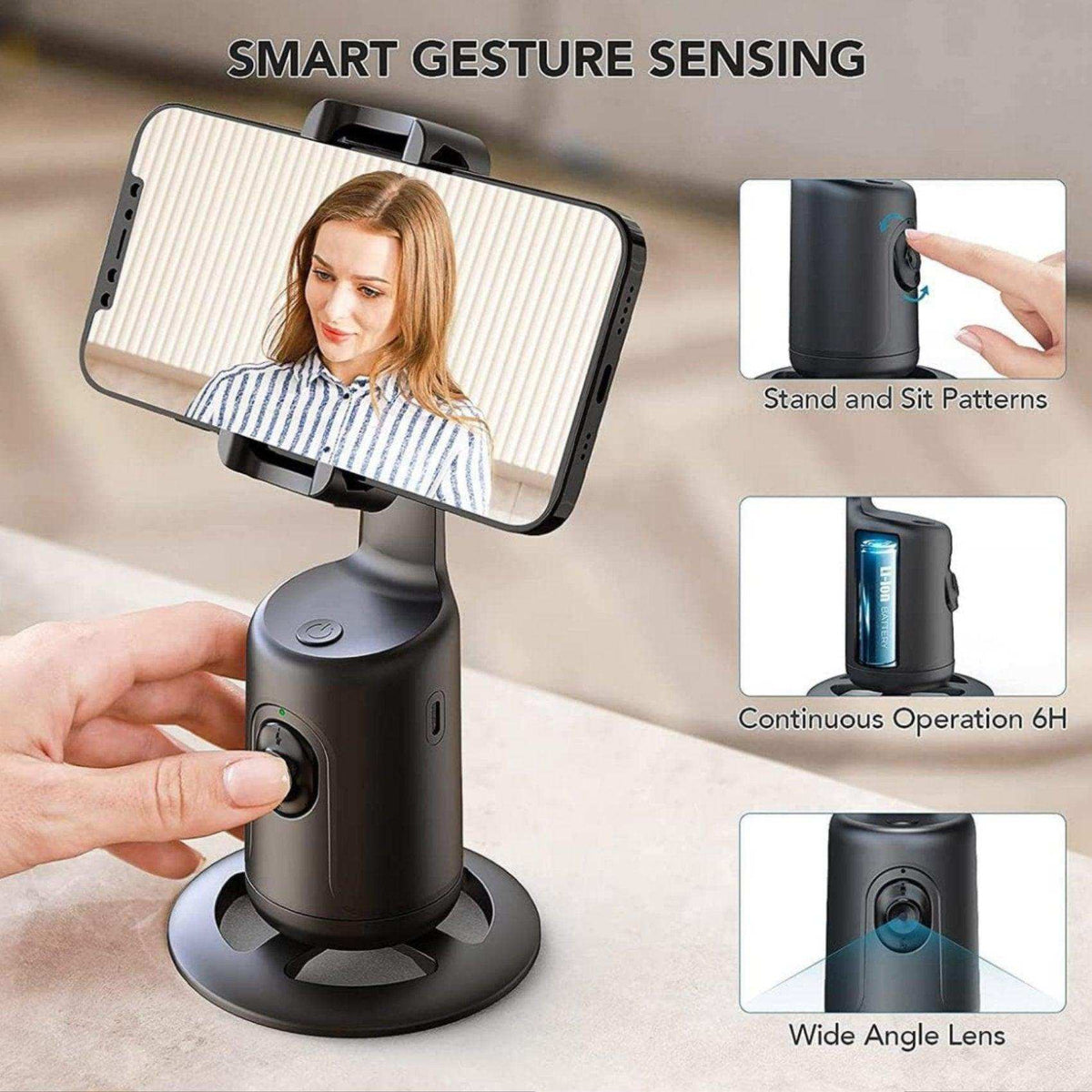 TUTT P1 Selfie Phone Holder Mount | Smart 360° Auto Face Tracking Gimbal Desktop Stabilizer Tripod | Adjustable Lens | No App, Gesture Control | Stable Base Smartphone Live Chat