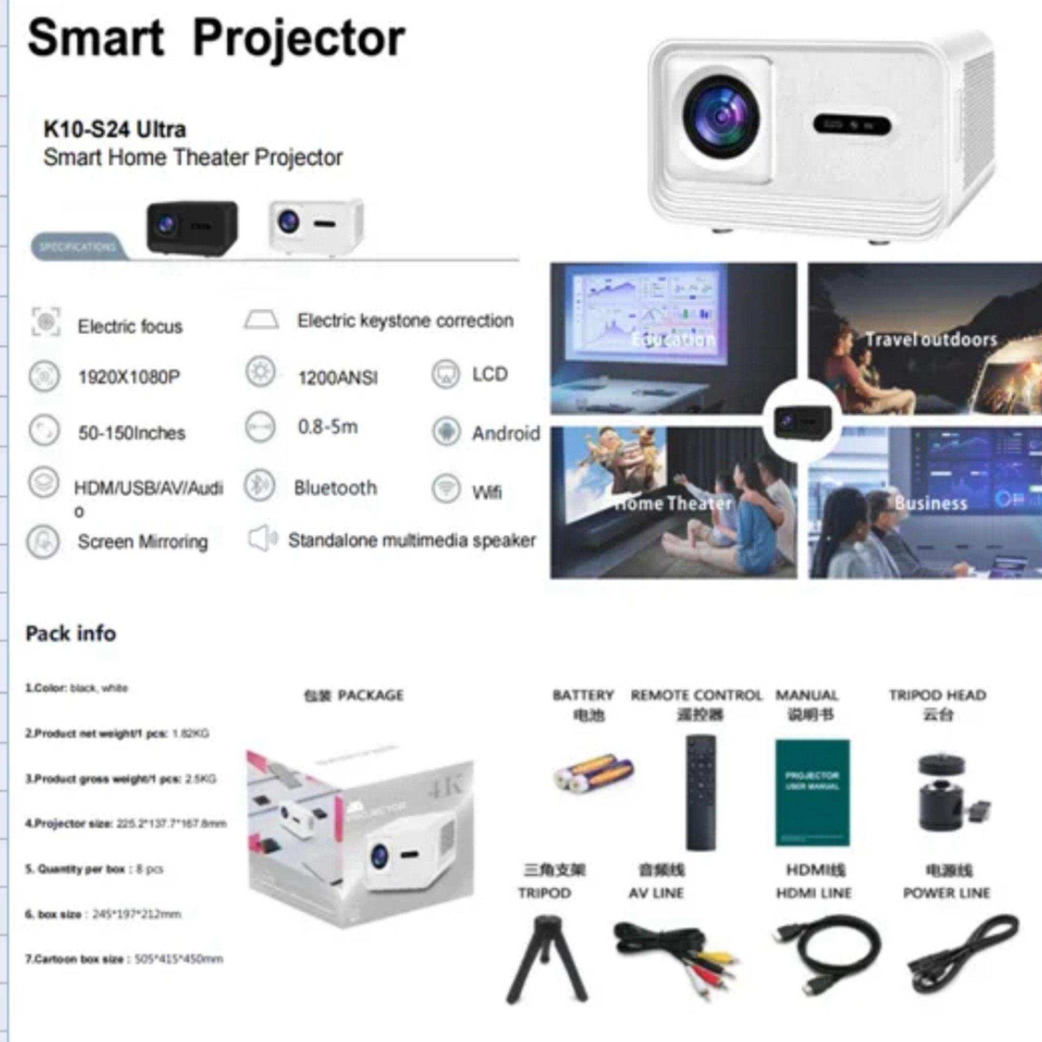 TUTT S24 Ultra Smart Home Theatre Cinematic Projector Auto Focus Keystone & APPs 4K | Android TV WiFi and Bluetooth, Netflix/YouTube Built-in Apps