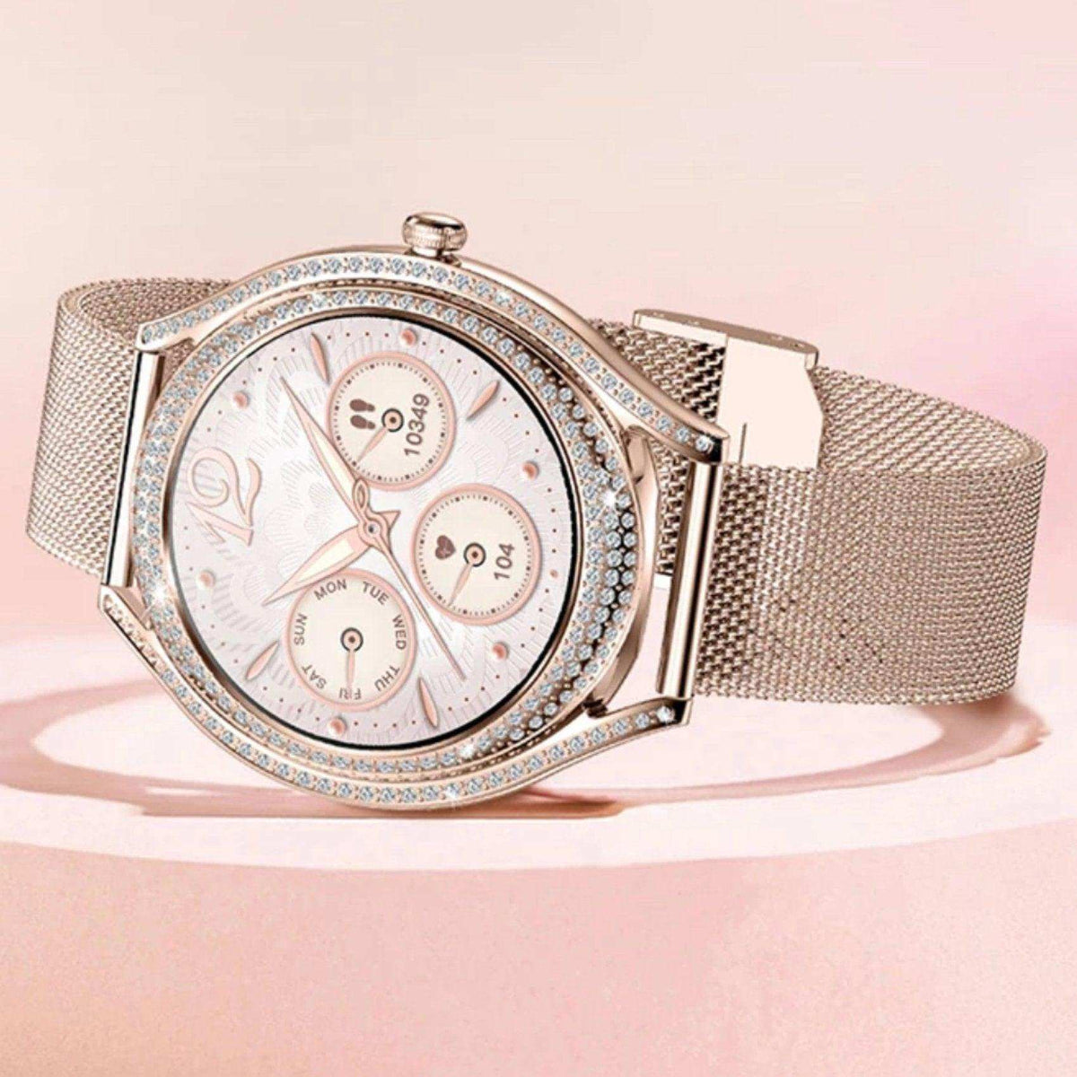 TUTT Classic Smartwatch for Women AMOLED  1.28” | Health & Fitness Tracker | Always On Display | 150 cubic Zirconia | Two Straps V66 Smart Watch (Silicone and Metal)