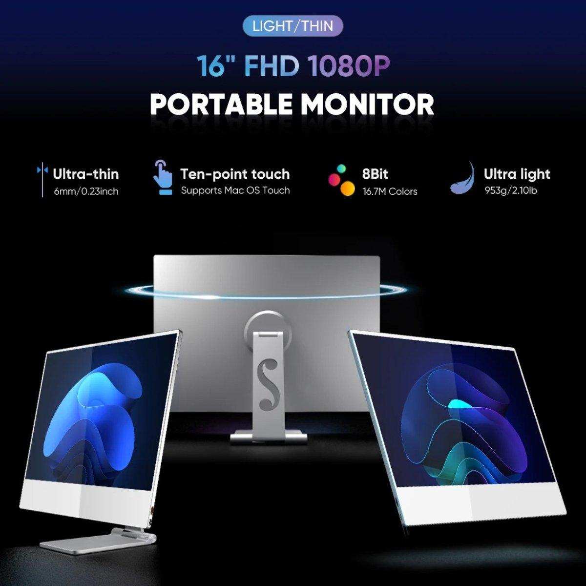 TUTT 16” Portable Touchscreen Monitor FHD IPS | Stand & Case | Built-in Speaker | Aluminum Frame