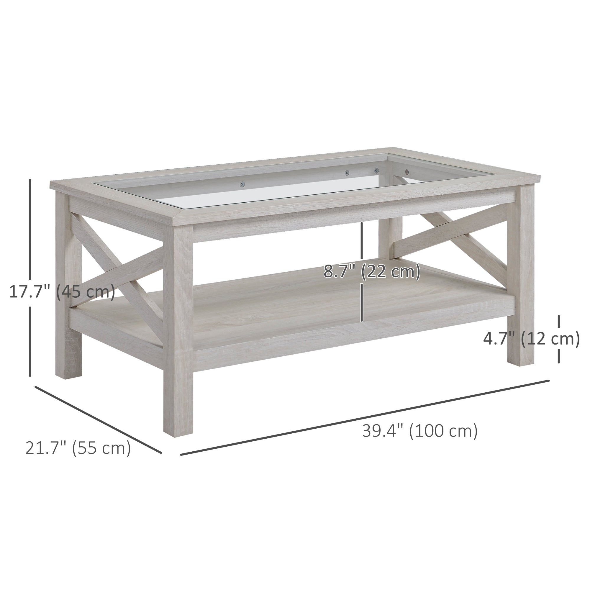 HOMCOM Farmhouse Glass Top Coffee Table: 2-Tier Center Table with Bottom Storage Shelf for Living Room, Bedroom 