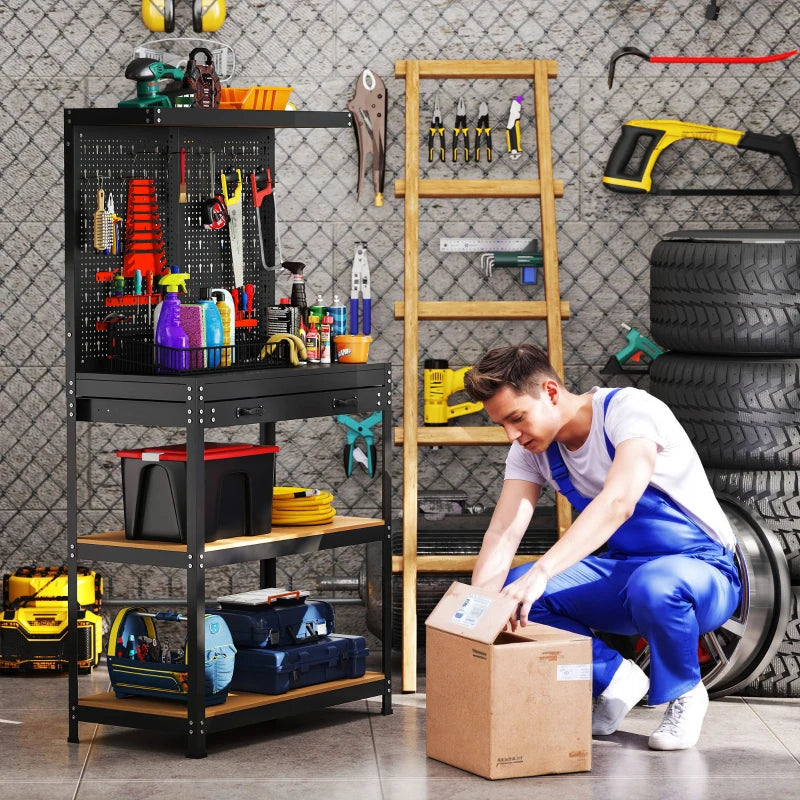 Work Bench with Pegboard, 31.5" Heavy Duty Metal Workbench with Hanging Kits, 2 Lower Shelves and Large Drawer, Black