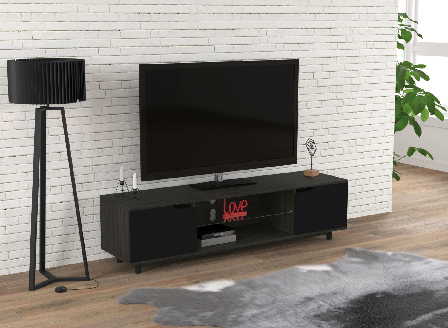 Tv Stand Dark Grey Wood 2 Shelves 2 Black Doors 