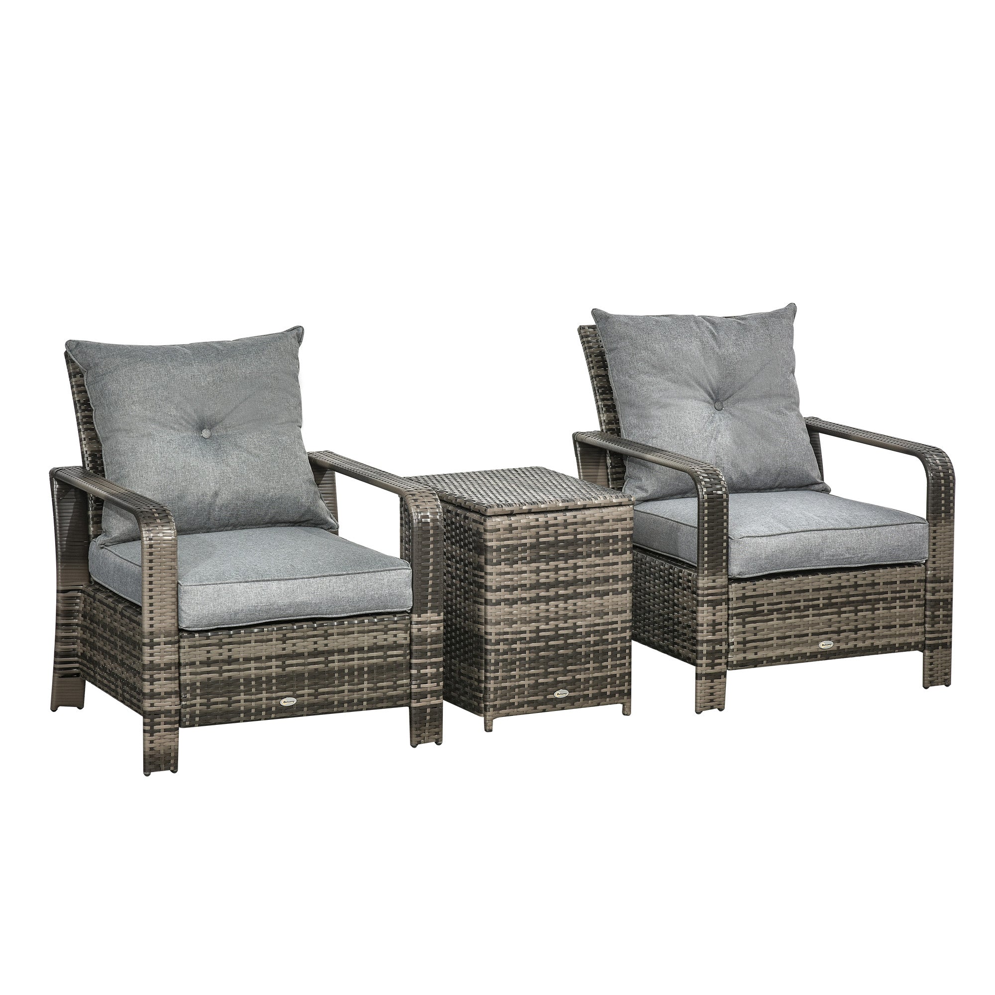 Outsunny 3pc Rattan Garden Sofa Set 2 Padded Chairs Storage Table Mixed Brown 