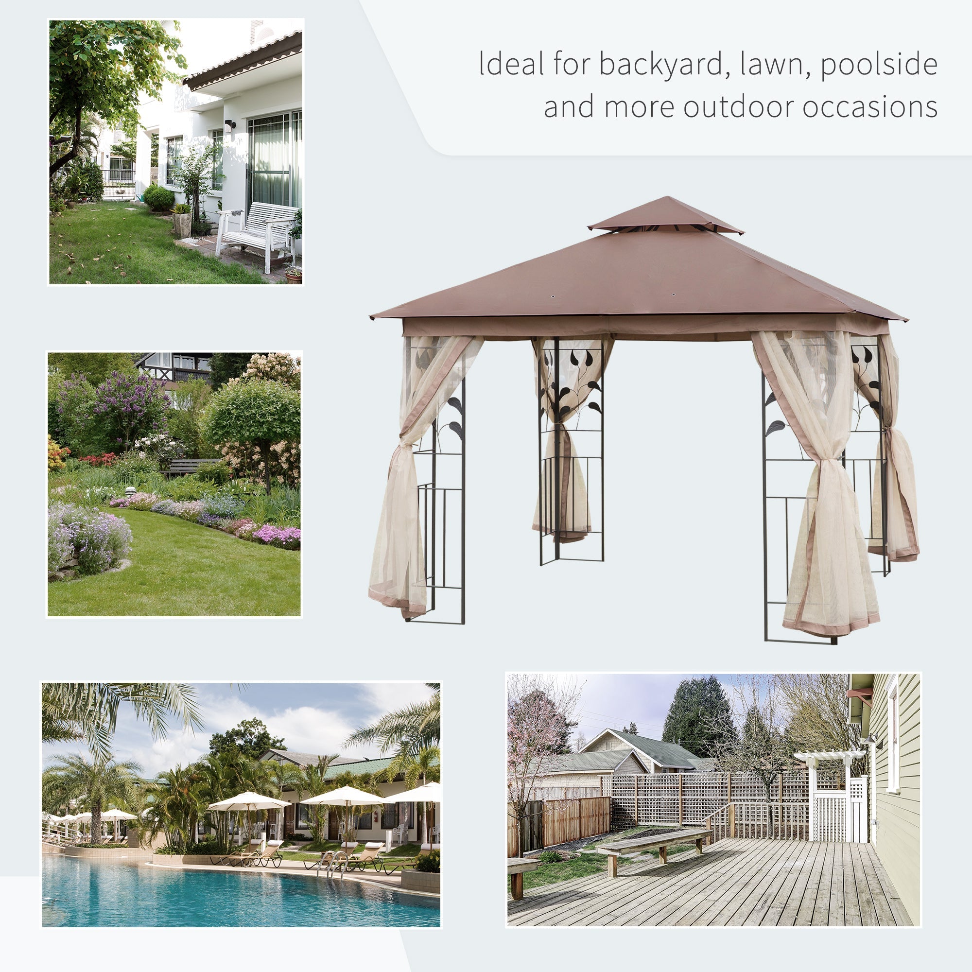 Outsunny 10'x10' Patio Gazebo Outdoor Canopy with 2-Tier Polyester Roof Mosquito Netting Brown 