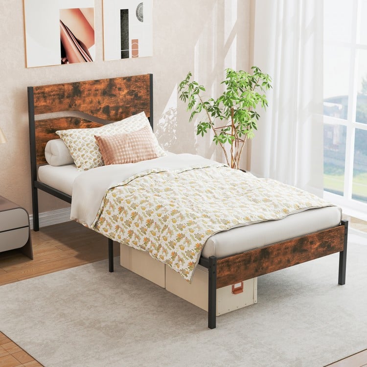 Twin/Full/Queen/King Metal Bed Frame with Wooden Headboard and Footboard-Twin Size
