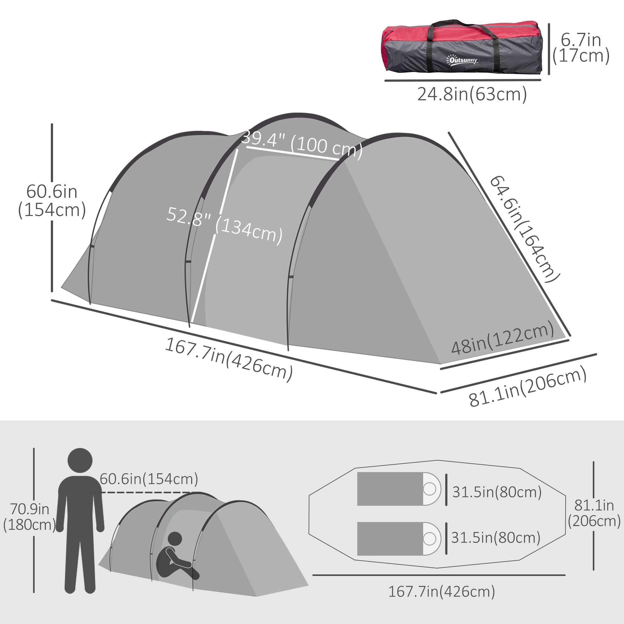 Outsunny Pop Up Camping Tent for 2-3 Person with Screen Room Zippered Doors Carry Bag for Outdoor Fishing Hiking Dark Grey 