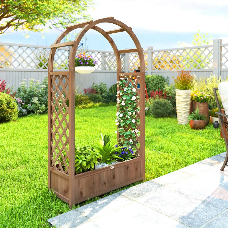 Raised Garden Bed with Arch Trellis, Freestanding Garden Planter Box, Outdoor Planter Container, Dark Brown Wood Effect