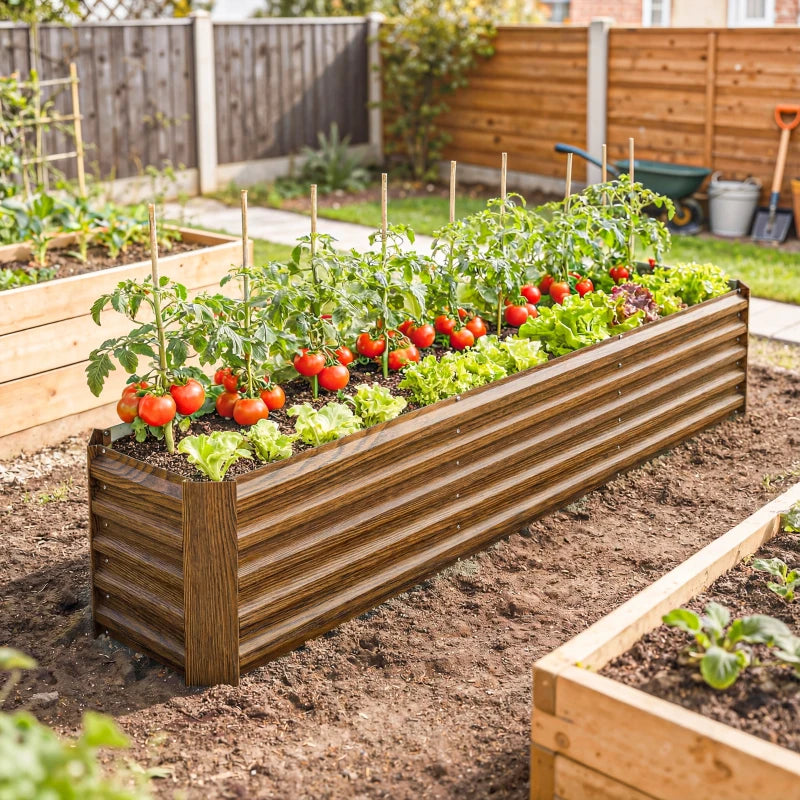 8 x 1.3 x 1.5ft Galvanized Raised Garden Bed, Reinforced Outdoor Planter Box with Open Bottom, Brown Wood Effect
