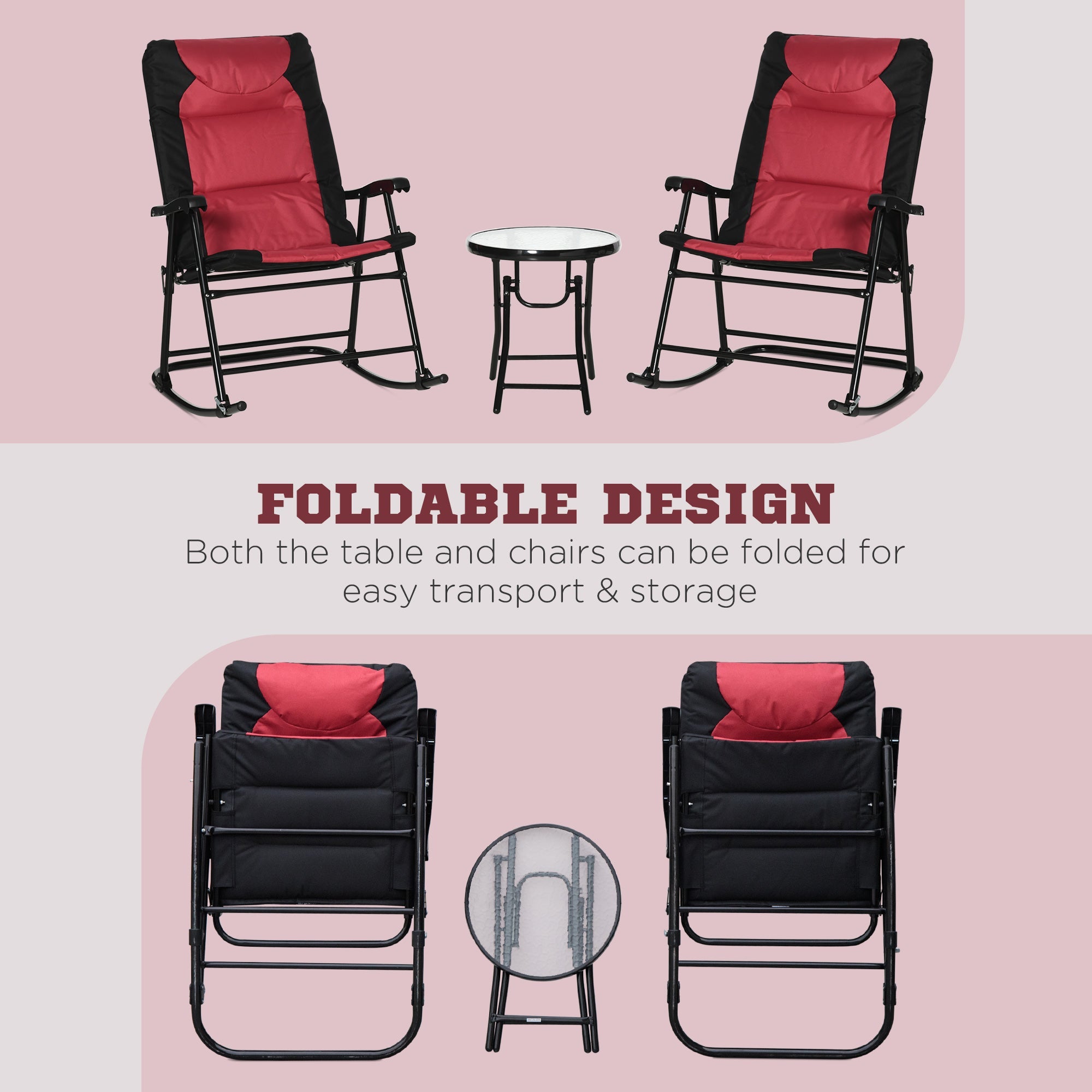 Outsunny 3pc Outdoor Folding Rocking Chair and Table Set Camping Yard Lounger Seat Patio Bistro Set w/ Padded Seat Red 
