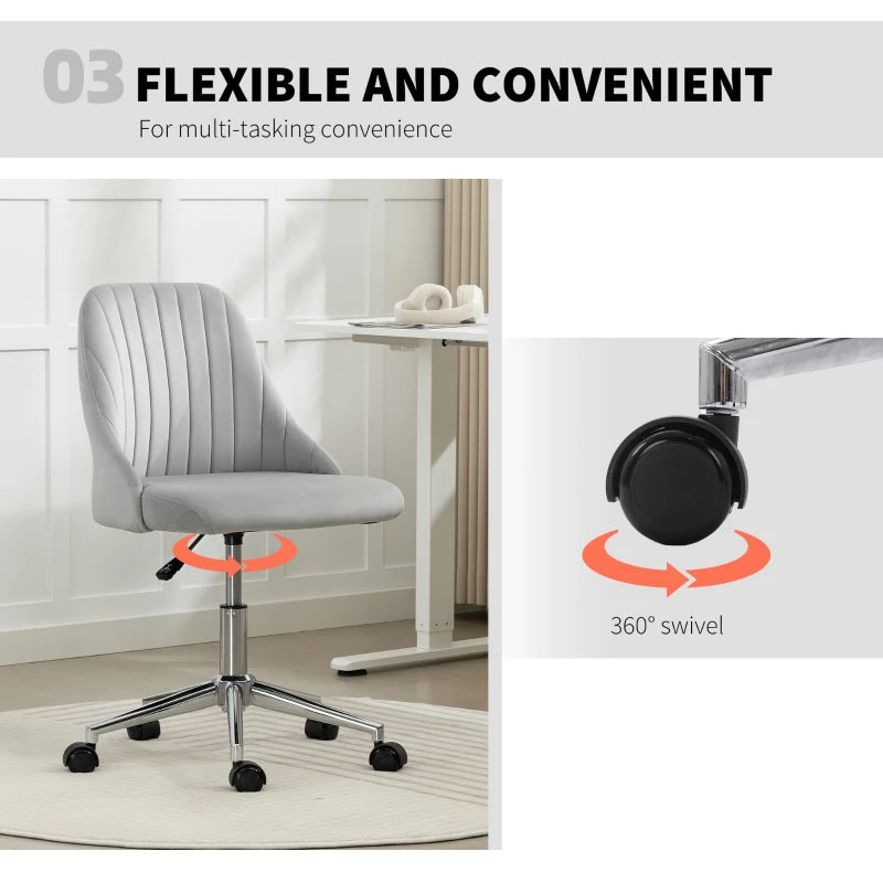 Vanity Chair for Makeup, Velvet Comfy Office Chair with Adjustable Height, Swivel Wheels for Bedroom, Living Room, Grey