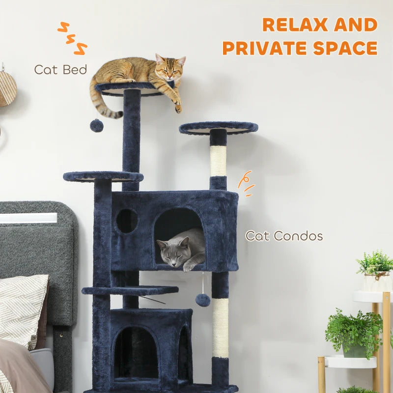 63" Cat Tree, Multi-Level Cat Tower with Scratching Posts, Cat Condos, Bed, Platforms, Ramp, Toy Ball, Dark Blue