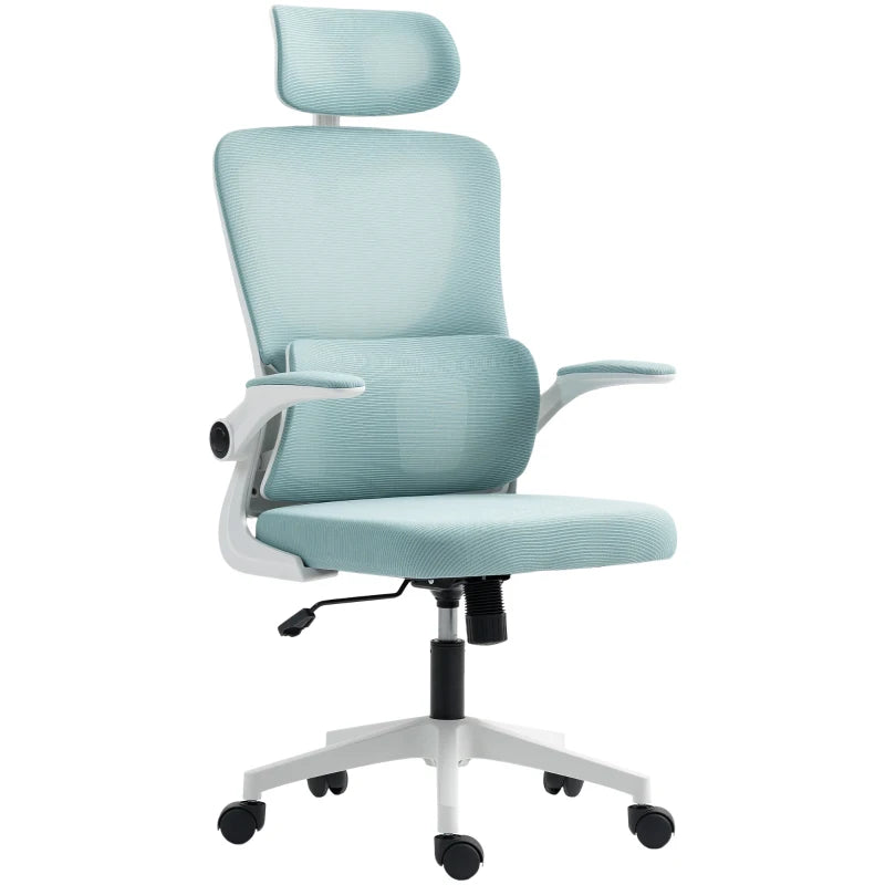 High Back Office Chair, Mesh Computer Chair with Rotatable Headrest, Lumbar Back Support, Adjustable Height, Light Blue