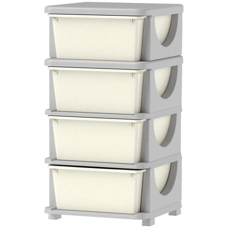 Qaba 4 Tier Kids Toy Organizer and Storage Bins with 4 Plastic Drawers, Cream White