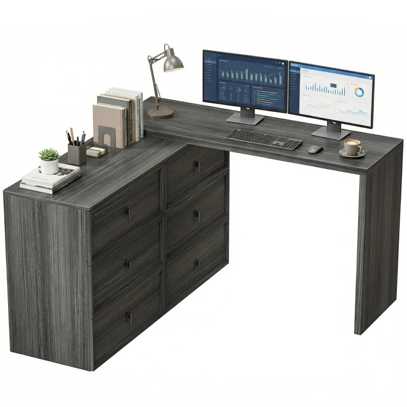 L Shaped Computer Desk Home Office Desk with 6 Drawers Black Wood Grain