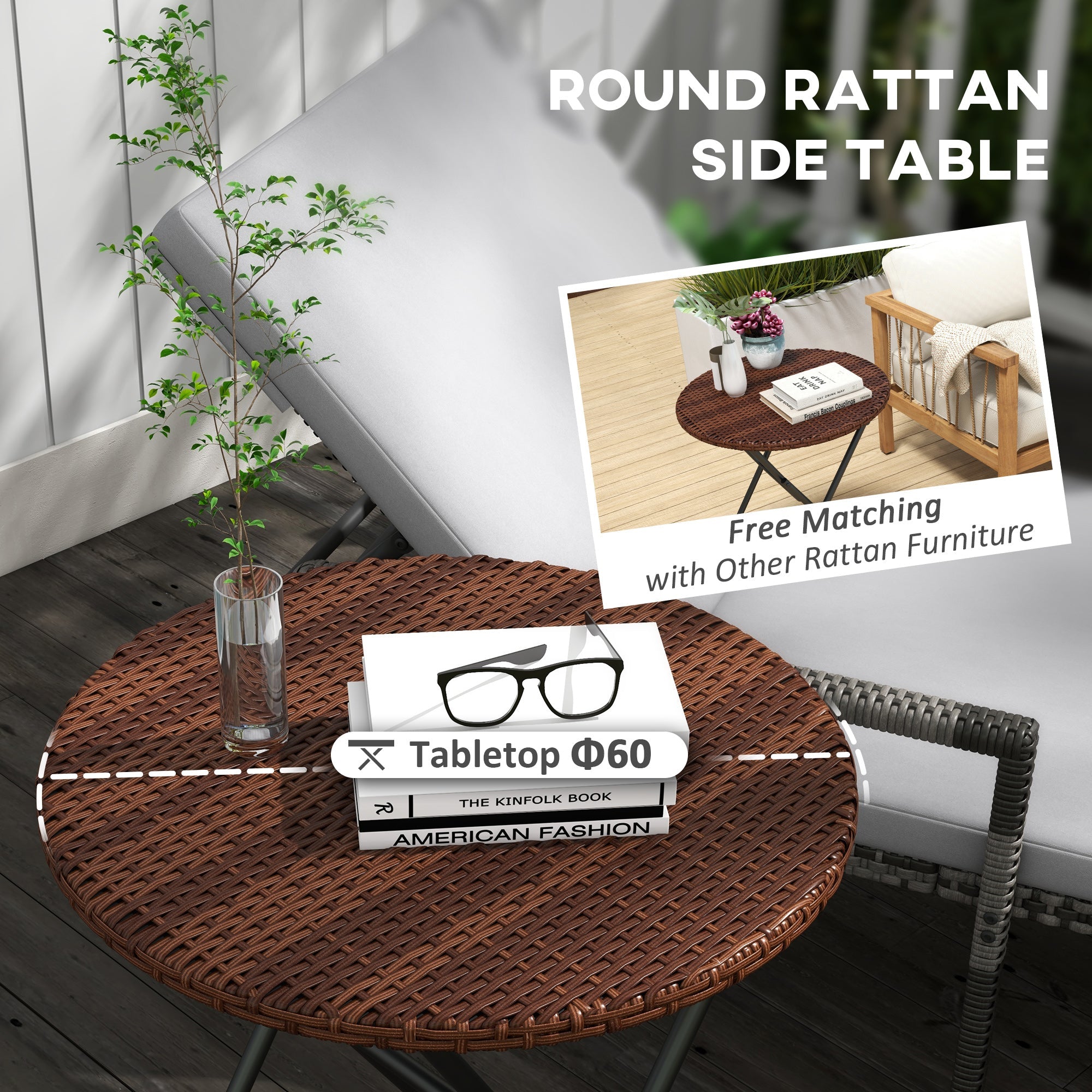 Outsunny Foldable Rattan Side Table Outdoor PE Wicker End Table Φ23.6" x 27.6" H Brown Patio Furniture 