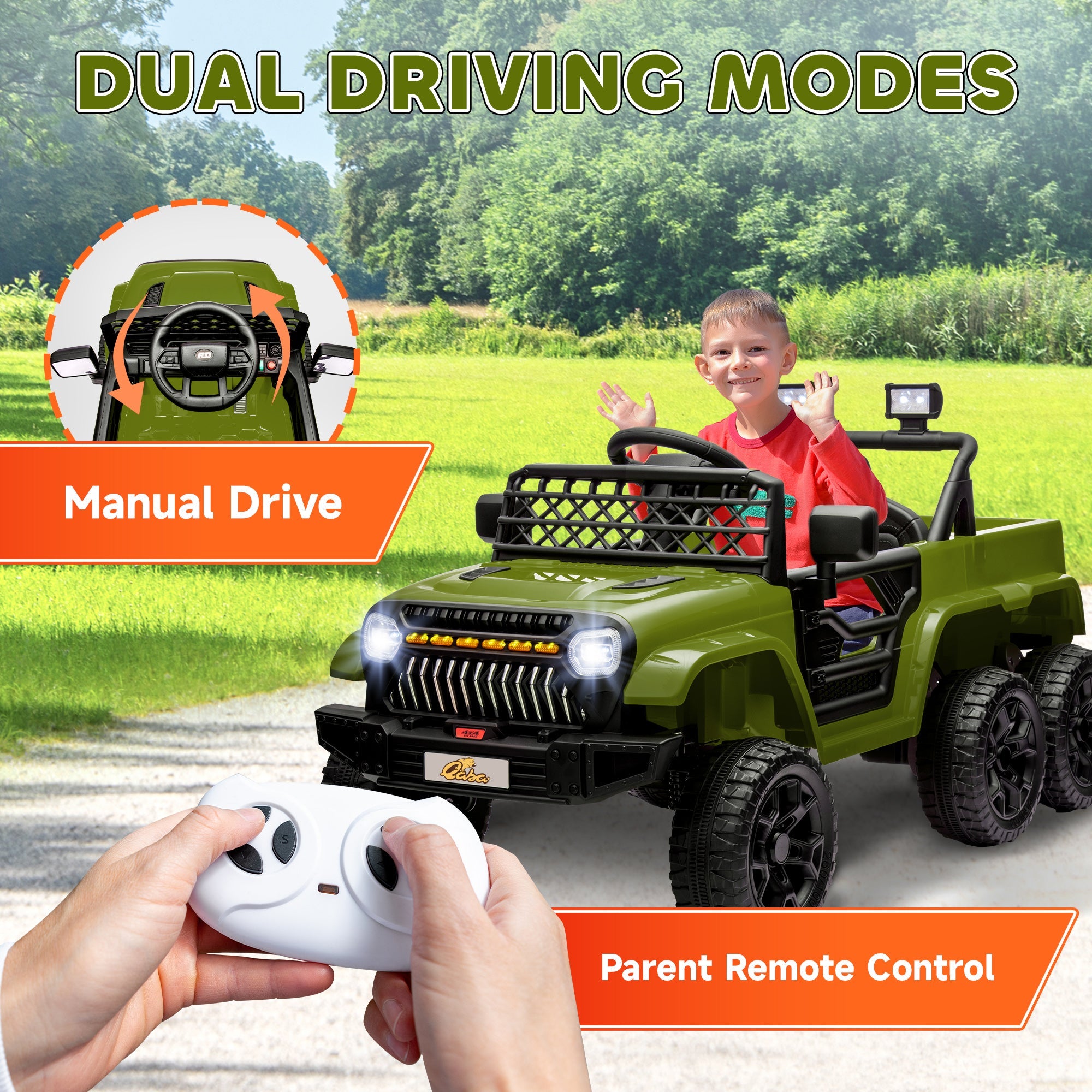 Qaba 12V 4WD/2WD Kids Electric Car w/ Remote Control, Spring Suspension, Back Trailer, Light, Music, Soft Start, Dark Green 