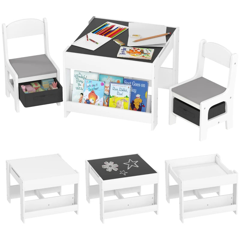 Qaba 3 Piece Kids Table and Chair Set with Reversible Tabletop, Blackboard, Storage, Bookshelf, for Playroom, Nursery, Grey