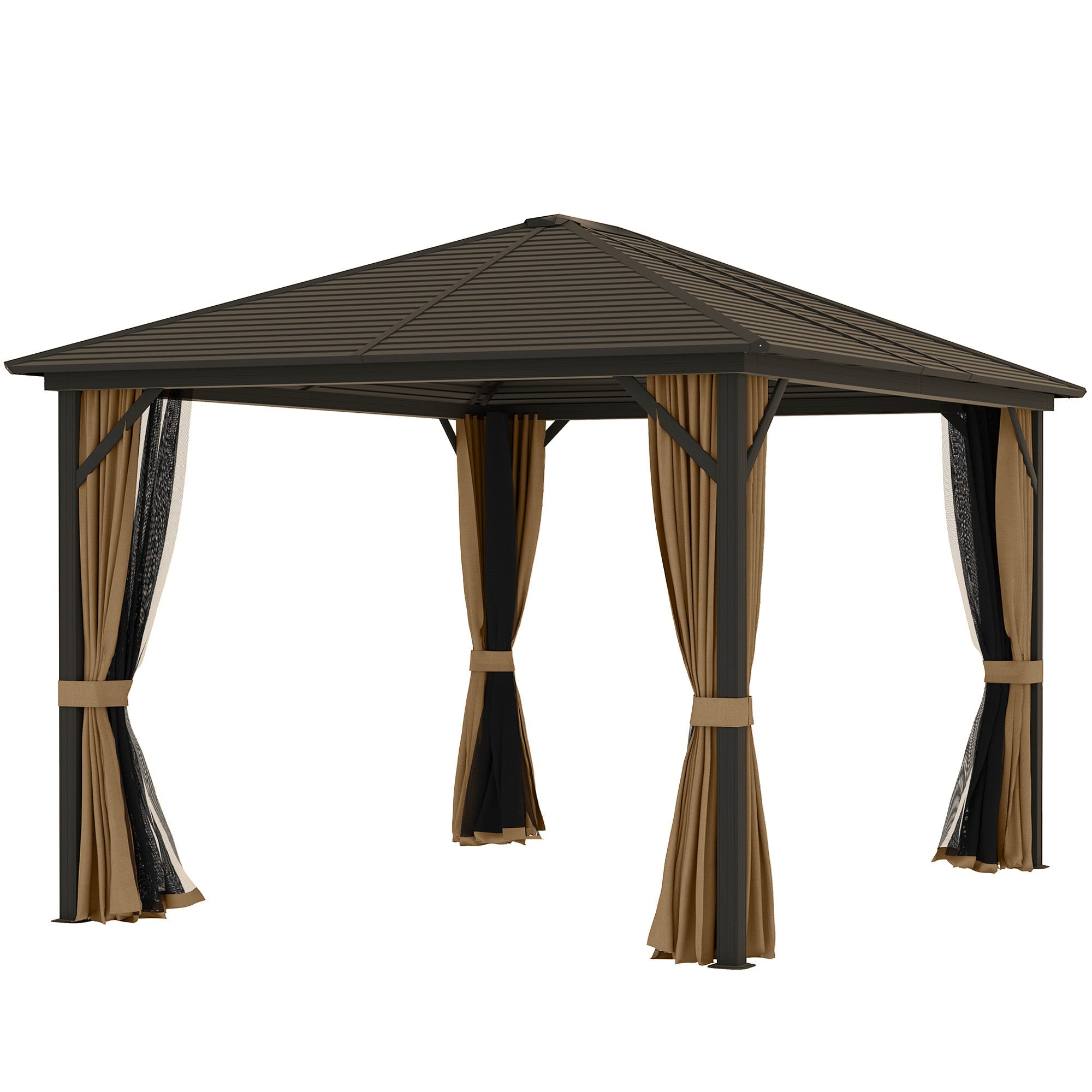 Outsunny 10' x 12' Deluxe Hardtop Gazebo with Metal Roof, Aluminum Frame Patio Gazebo Garden Sun Shelter Outdoor Pavilion with Curtains and Netting, Coffee 