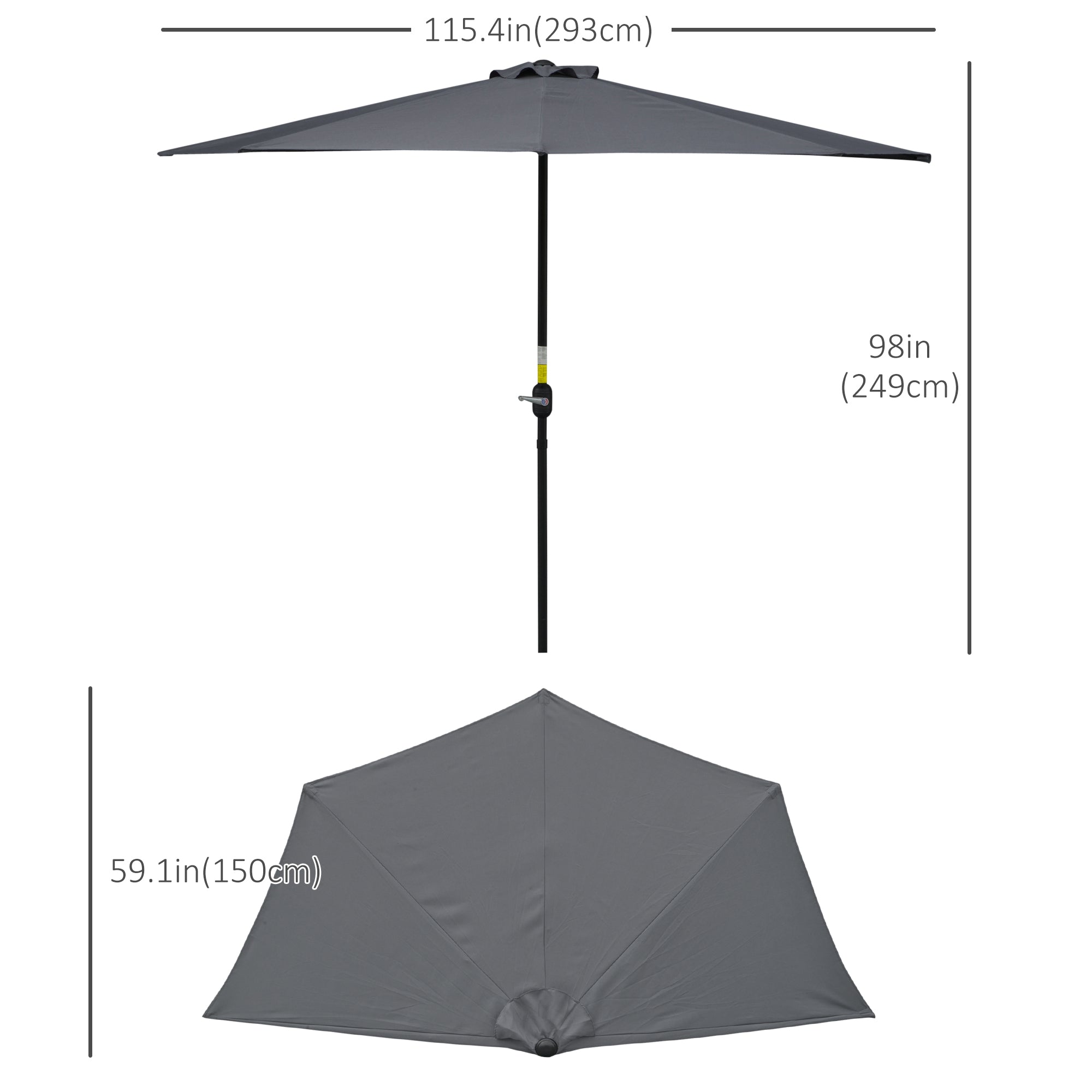 Outsunny Patio Parasol: 9.8ft Semi Round Garden Balcony Crank Handle Grey 