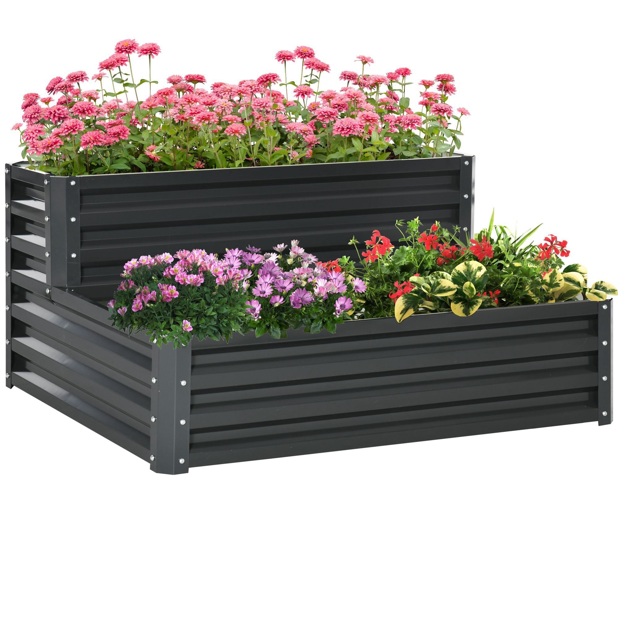 Outsunny 2 Tier Raised Garden Bed Galvanized Steel Planter Box Patio Backyard Veggies Flowers Herbs Growing Dark Grey 47"x40"x23" 