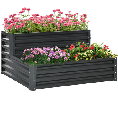 Outsunny 2 Tier Raised Garden Bed Galvanized Steel Planter Box Patio Backyard Veggies Flowers Herbs Growing Dark Grey 47"x40"x23" 