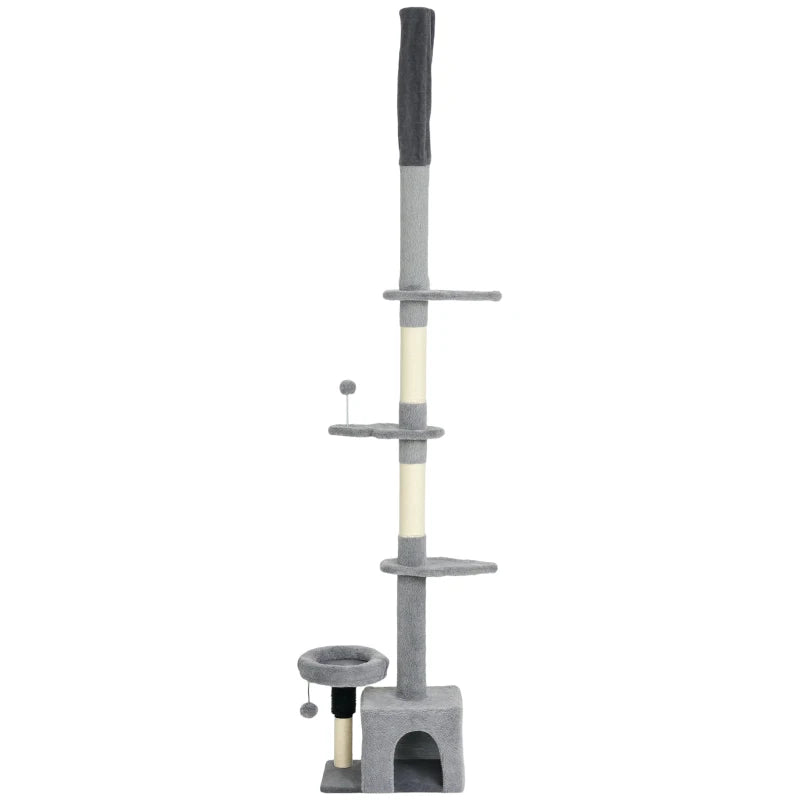 Floor to Ceiling Cat Tree, 4 Tiers Tall Kitty Climbing Tower with Scratching Post, Adjustable Height 87-100"