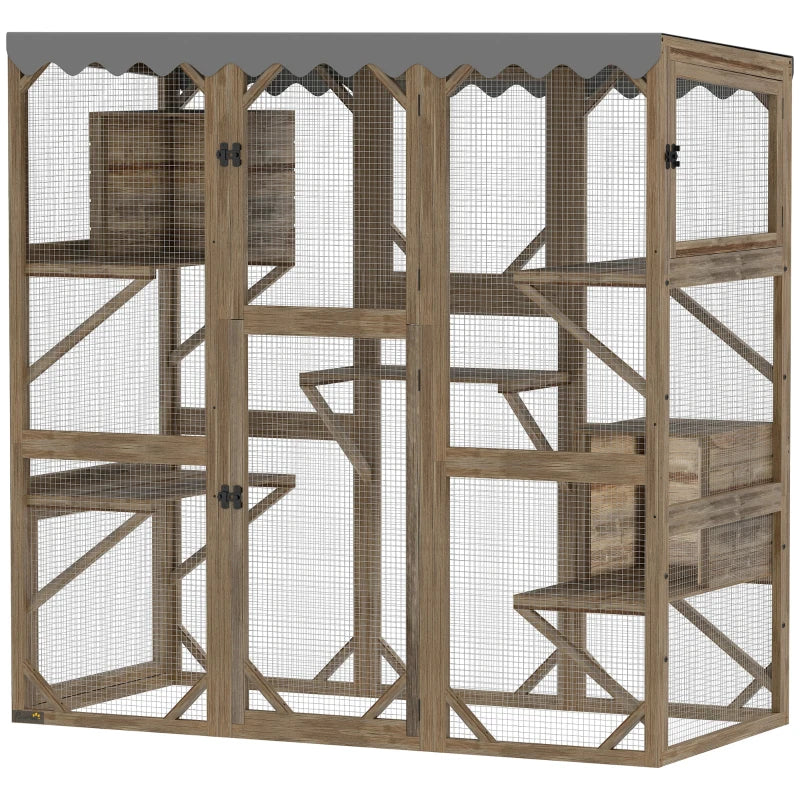 Wooden Catio Outdoor with Window Access, Waterproof Cover, Relaxing Condo, 5 Platforms, Doors, 59" x 28" x 59", Brown