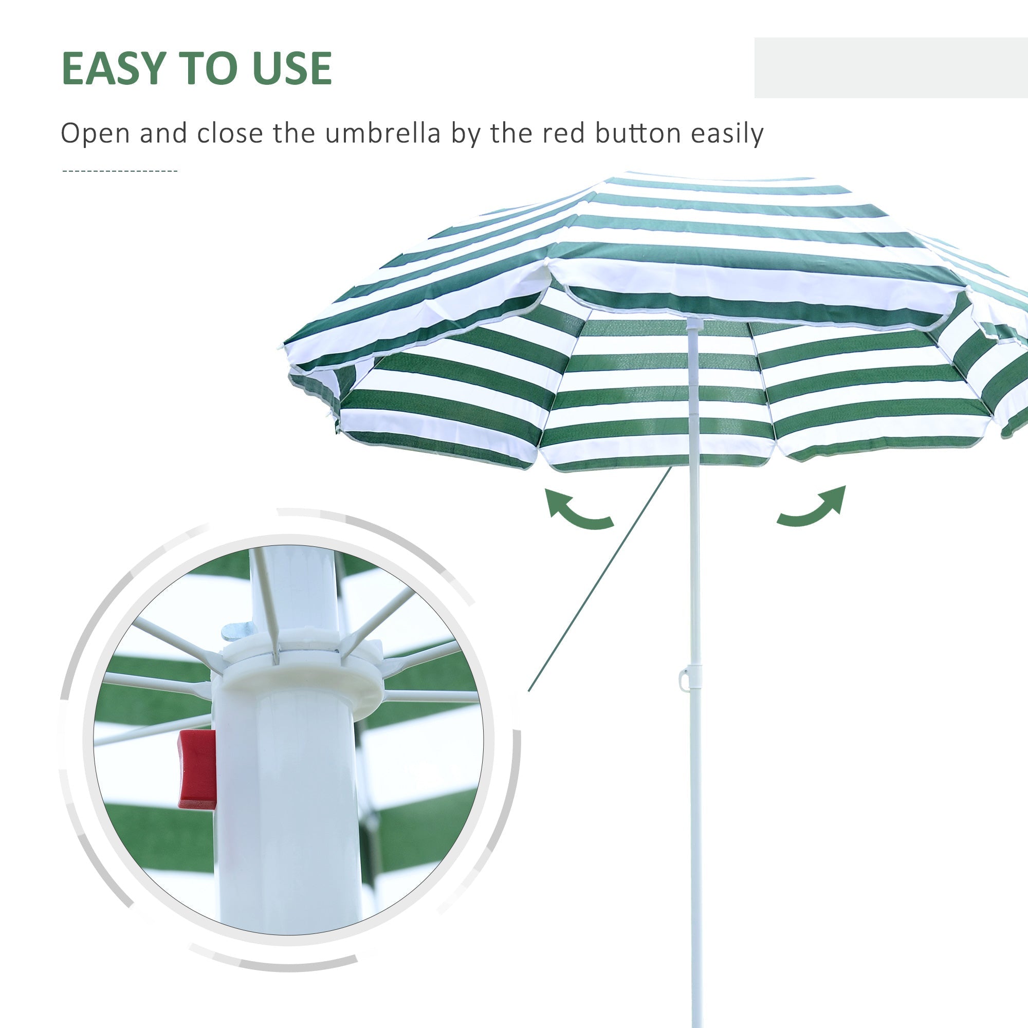 Outsunny 6FT Striped Green Round Beach Umbrella Outdoor UV Protection Sunshade Canopy Push Button Tilt 