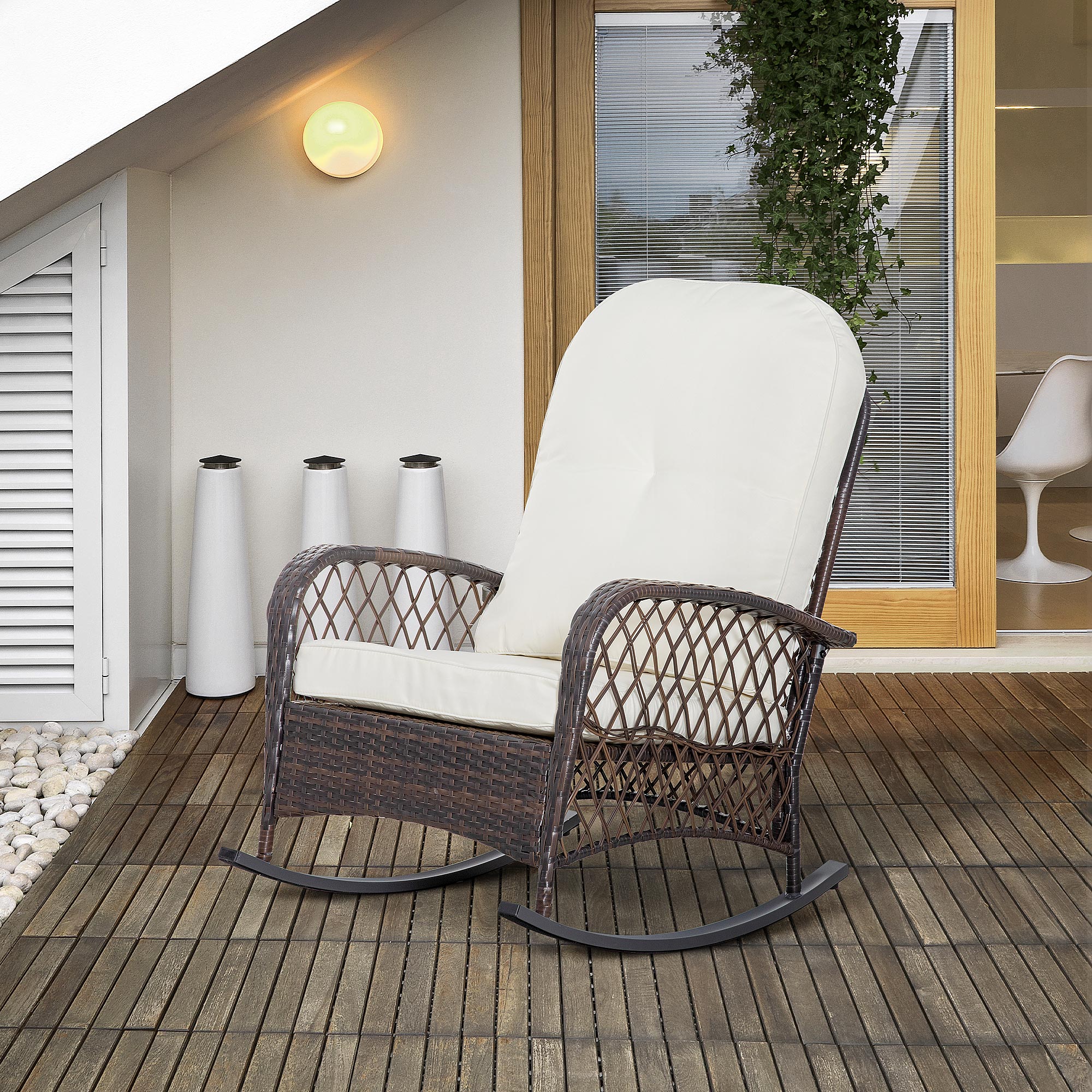 Outsunny Rattan Rocking Chair Outdoor Wicker Glider PE Rattan, Patio Recliner Rocker Chair Furniture with Soft Cushion 