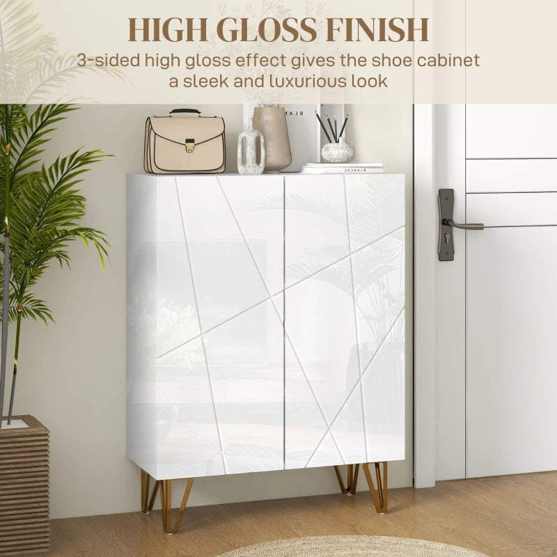 Narrow Shoe Storage Cabinet with Soft-Close Hinges and Adjustable Shelves for 15-20 Pairs of Shoes, High Gloss White