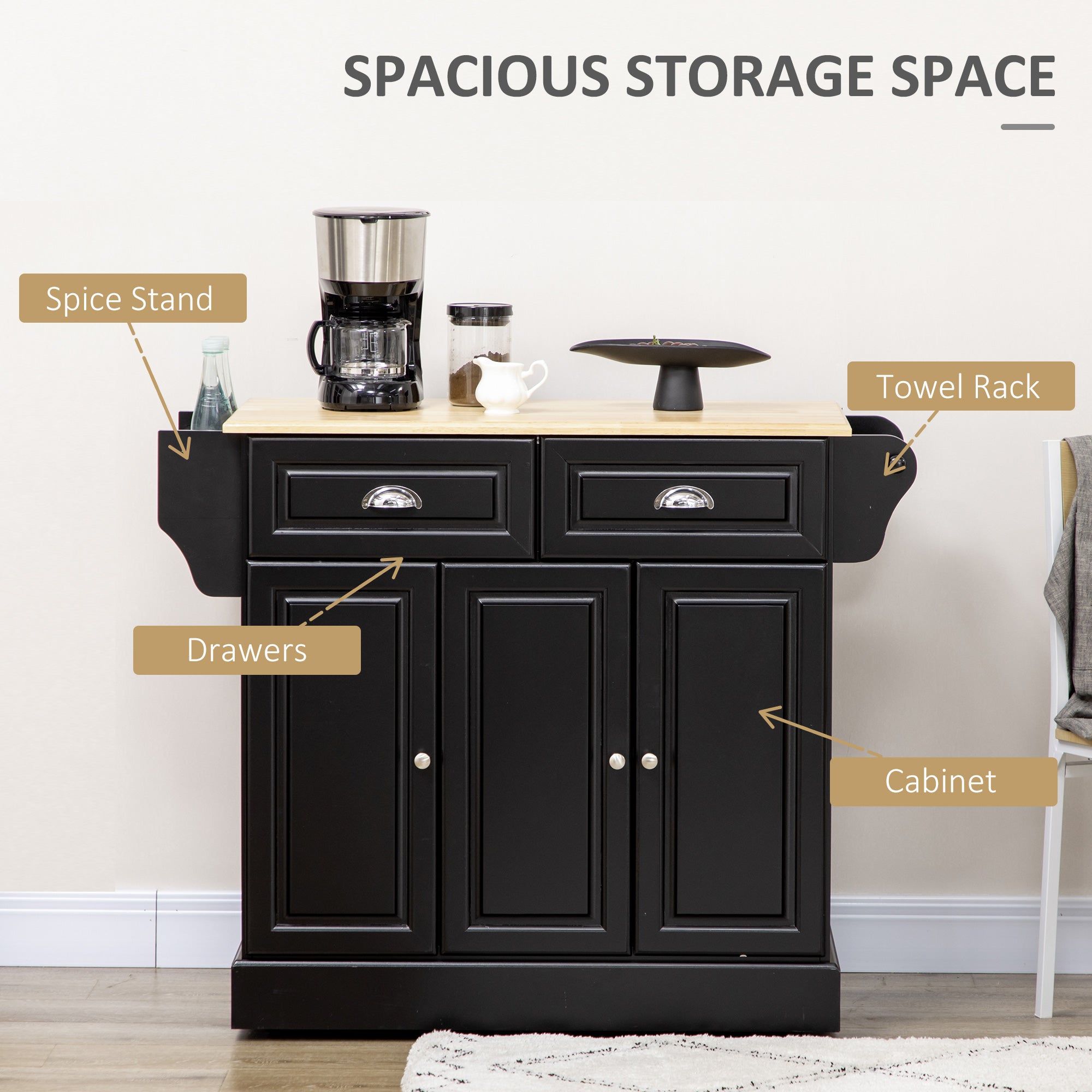 HOMCOM Kitchen Island Cart Wood Top Towel Rack Drawer Cabinet Black Mobile Furniture Prep Station 