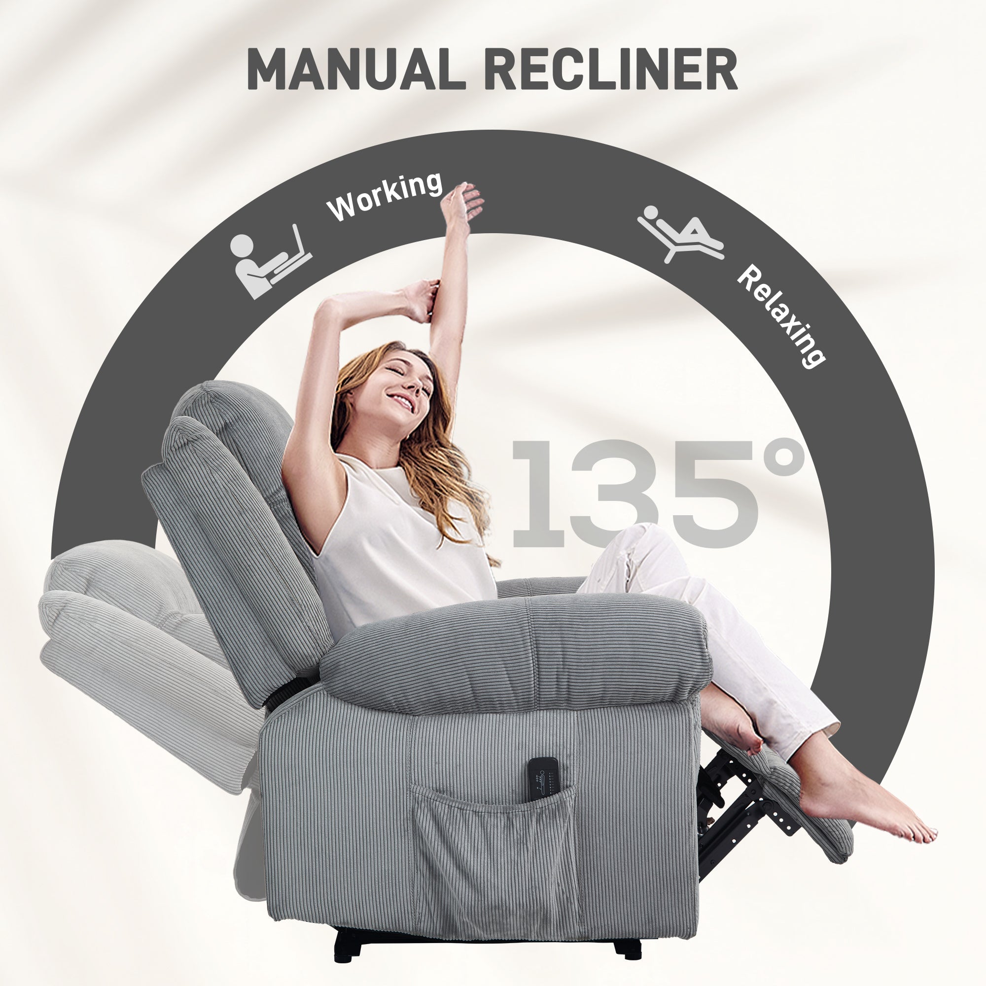 HOMCOM Manual Recliner Chair with Vibration Massage, Side Pockets, Corduroy Reclining Chair for Living Room, Grey 