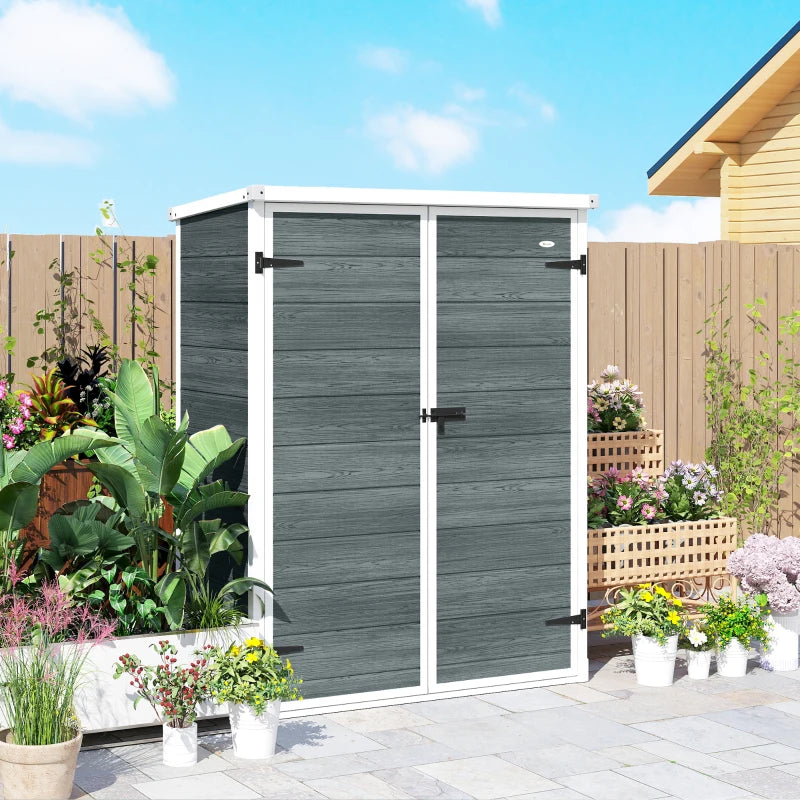 Outdoor 4.4' x 2.3' Plastic Storage Shed with Lockable Doors and Foldable Shelves, Wood-Effect Garden Shed, Grey