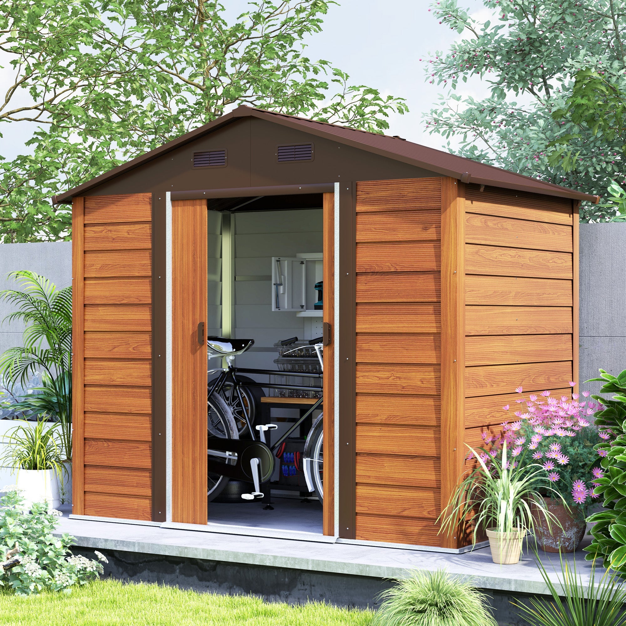 Outsunny 7.7' x 6.5' Outdoor Metal Garden Shed House Hut Gardening Tool Storage with Ventilation, Dark Brown with Wood Grain 