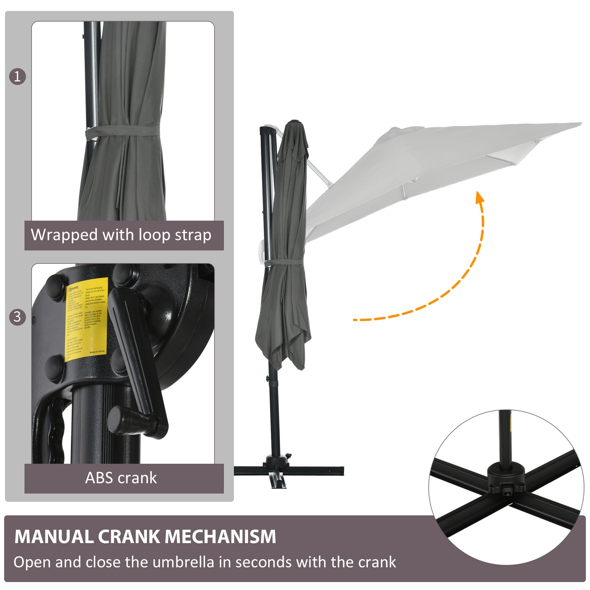 Outsunny 8'x8' Square Offset Patio Umbrella Hanging Cantilever Crank Parasol 360° Rotation Cross Base Grey 