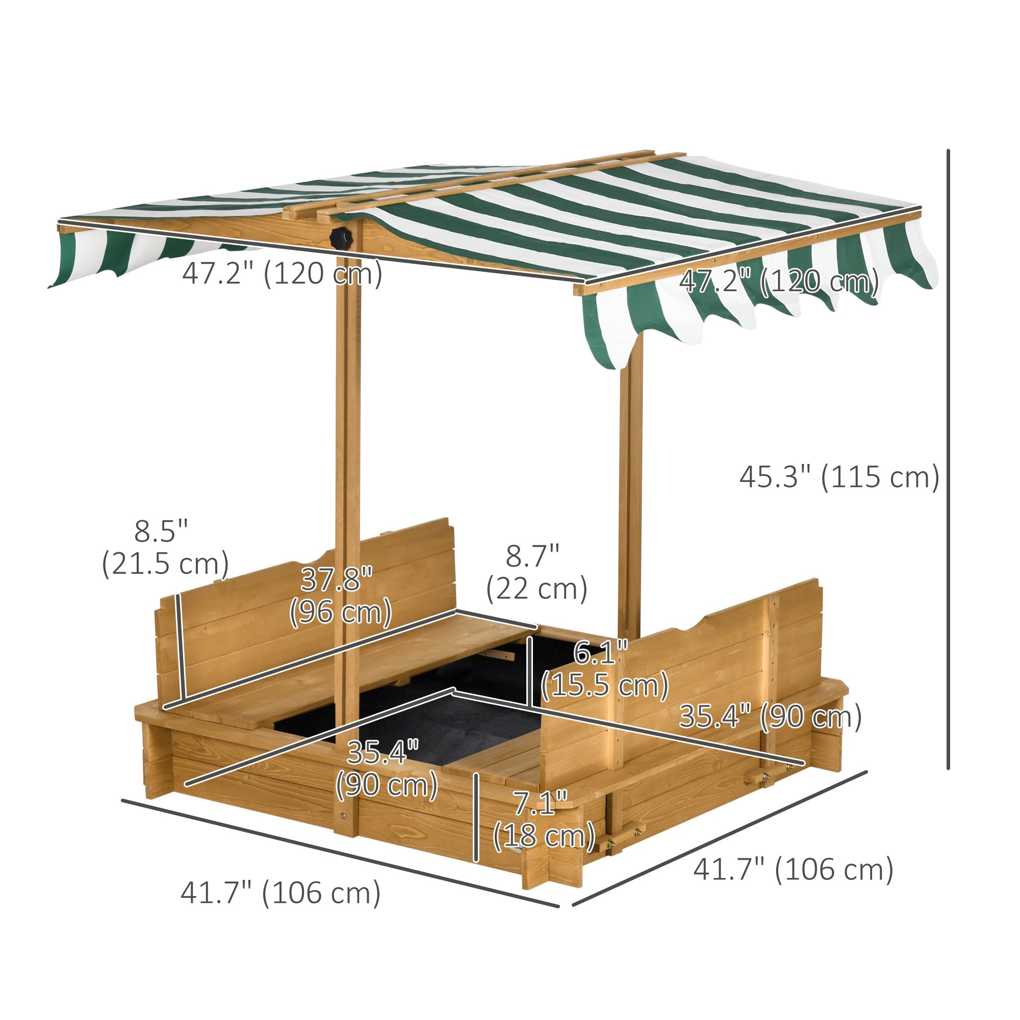 Outsunny Kids Sandbox Wooden with Cover Adjustable Canopy Foldable Bench Seats Sand Play Light Brown 