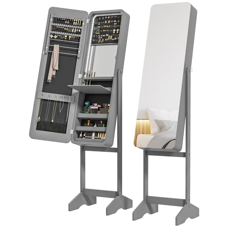 Standing Mirror Jewelry Cabinet, Jewelry Storage Cabinet with LED Lights and Angle Adjustable Full Length Mirror, Grey