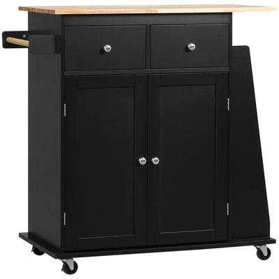 HOMCOM Kitchen Essentials: Rubber Wood Top Trolley Cart, 3-Tier Spice Rack, Towel Bar Storage, Black Finish 