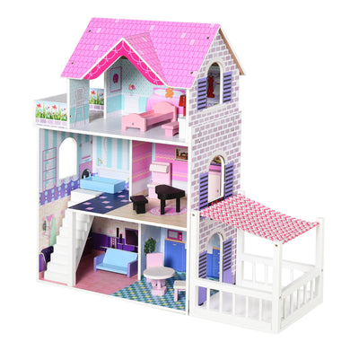 Qaba Kids Wooden Dollhouse Dreamhouse Villa w/ Patio Dollhouse w/ Furniture Accessories Kit for Toddler Multi-level House Pink 