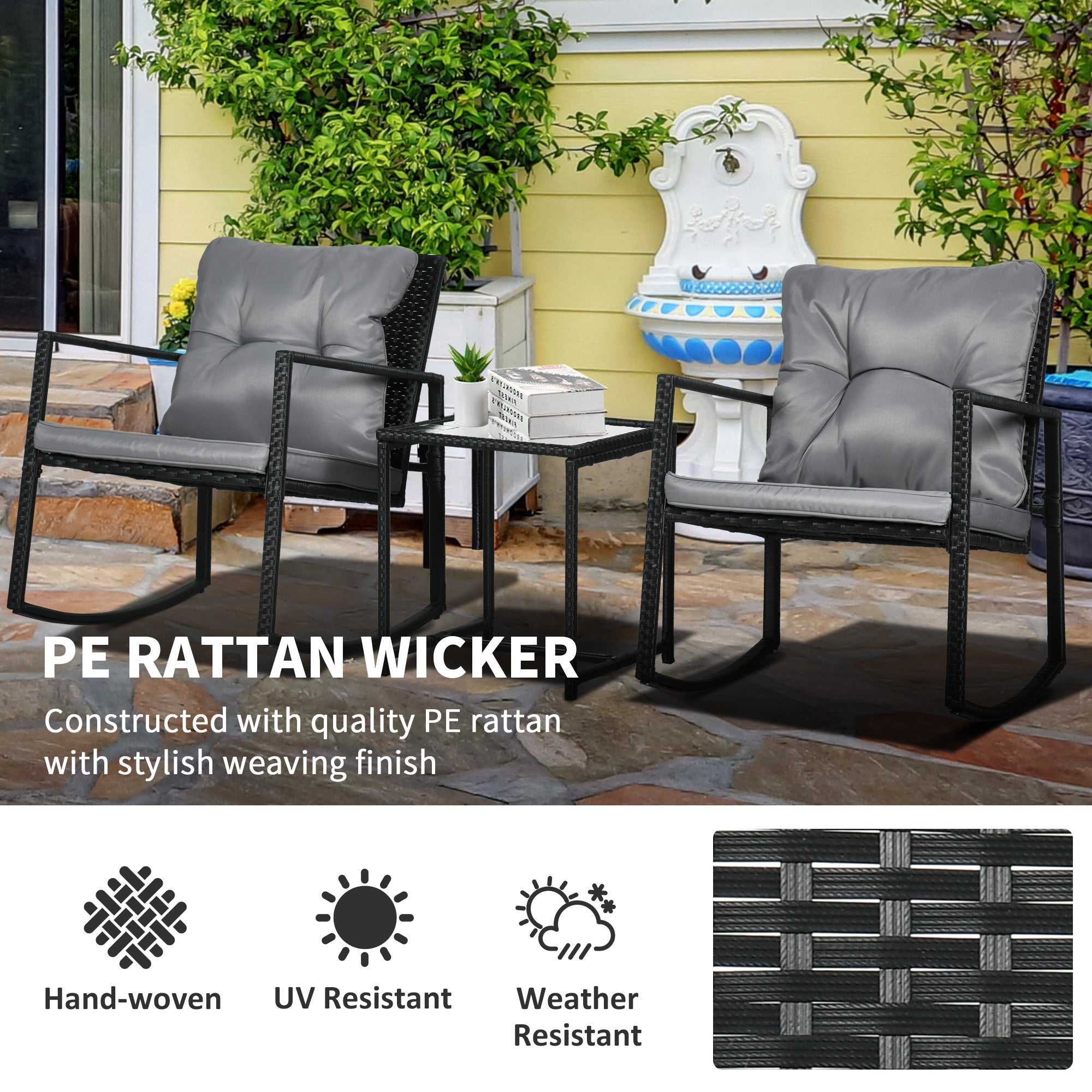 Outsunny 3-Piece Rocking Bistro Set, Wicker Outdoor Furniture with Glass Coffee Table, Rocking Chairs for Porch & Lawn 
