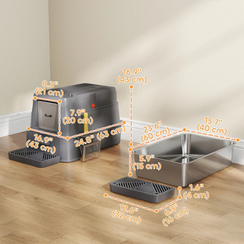 80L XL Stainless Steel Cat Litter Box for Big Cats with Flip Cover, Pull-Out Drawer Tray, High Sided, Pedal, Dark Grey