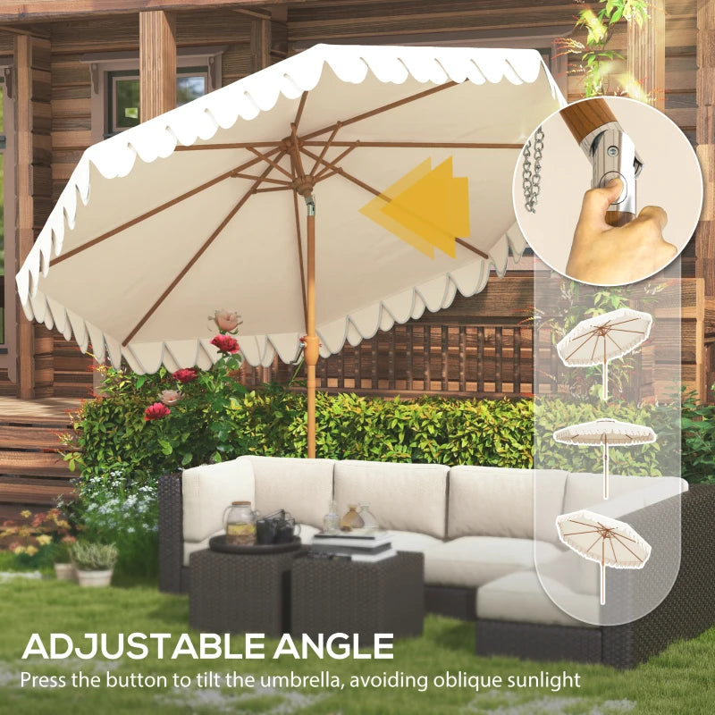 9 ft Patio Umbrella with Push Button Tilt and Crank, Double-ruffled Outdoor Market Table Umbrella Parasoll, Cream White