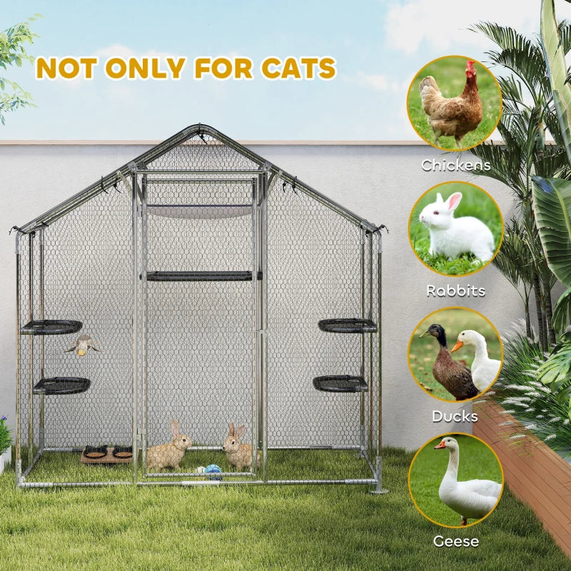 Large Catio Outdoor Cat Enclosure with Waterproof Cover, Walk-in Cat Patio w/ 5 Adjustable Platforms & Hammock