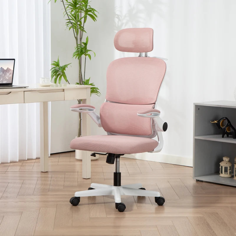 Mesh Office Chair, Ergonomic Desk Chair with Flip-up Armrest, Rotatable Headrest, Adjustable Lumbar Support, Pink