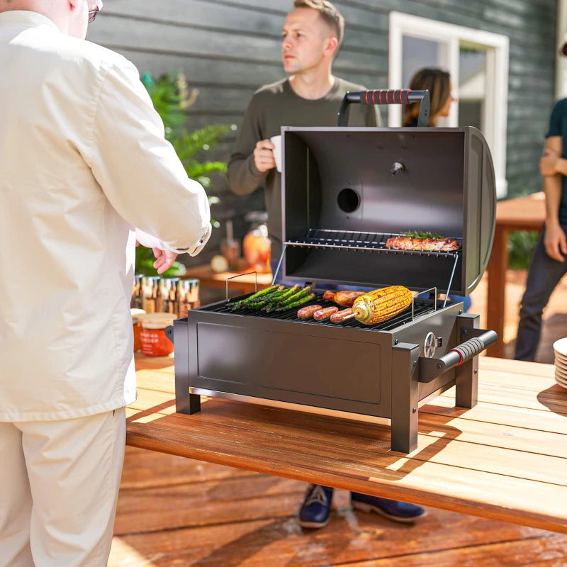Tabletop Charcoal Smoker, Portable BBQ with Ash Catcher and Thermometer for Backyard, Camping, Picnic, Black