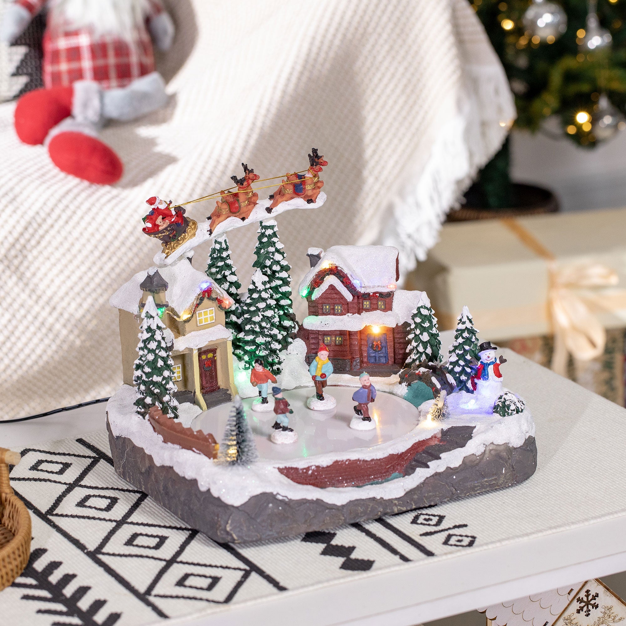HOMCOM Christmas Village, Santa and Deer Skating Pond Animated Winter Wonderland Set with Multicolored LED Light, Christmas Decoration 