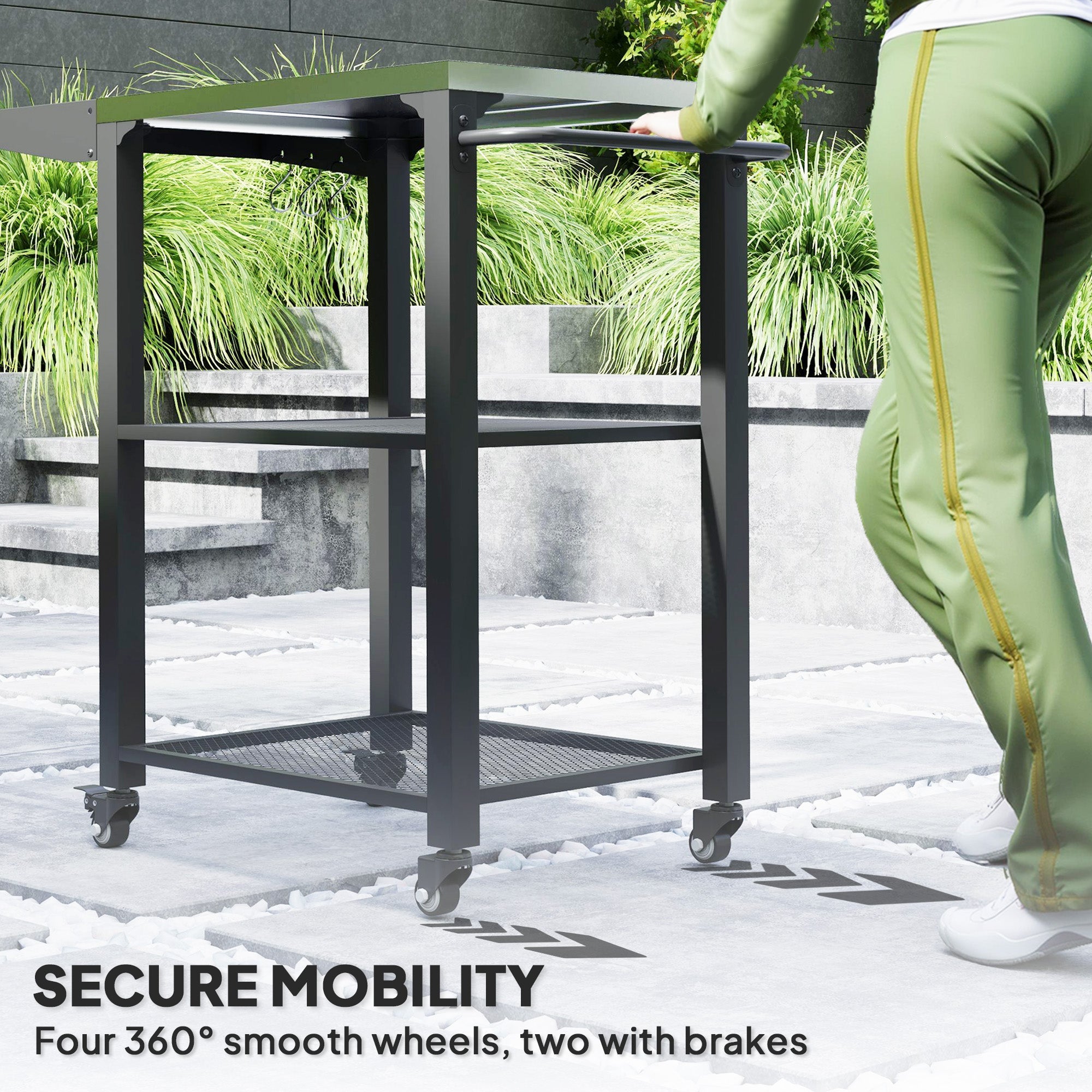 Outsunny Outdoor Grill Cart w/ Foldable Side Table, 3-Tier Pizza Oven Stand w/ Stainless Steel Tabletop, Hooks, Wheels 