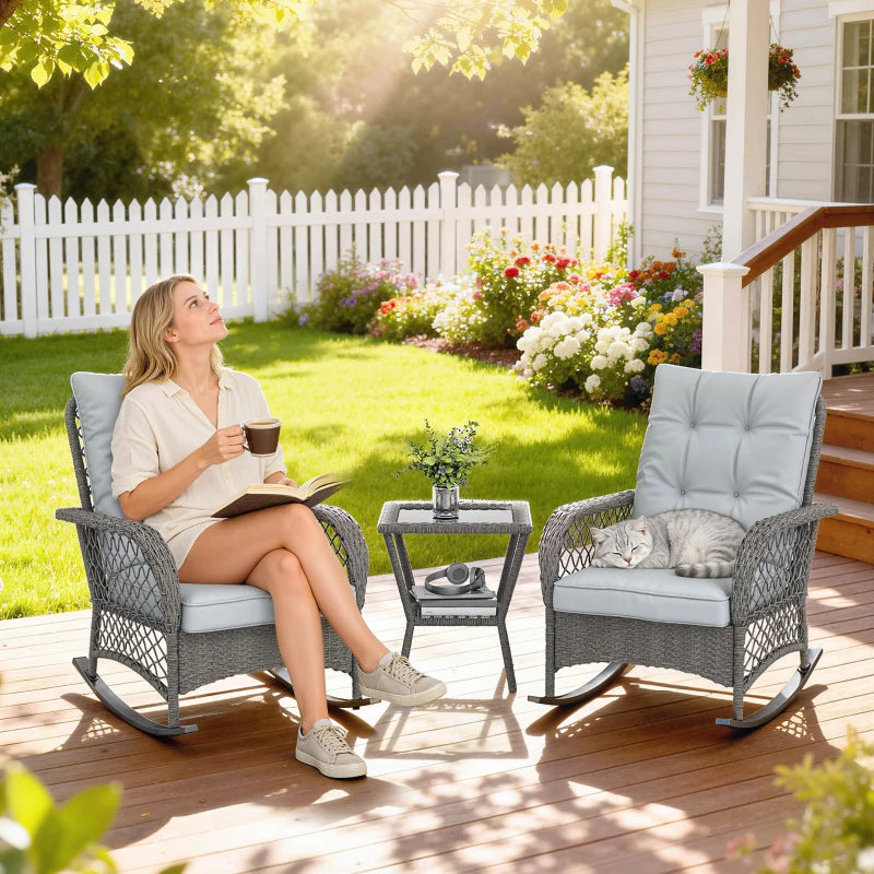 Rocking Bistro Set, 3 Piece Wicker Patio Furniture with High Back Rocking Chairs and 2-Tier Glass Table, Light Grey